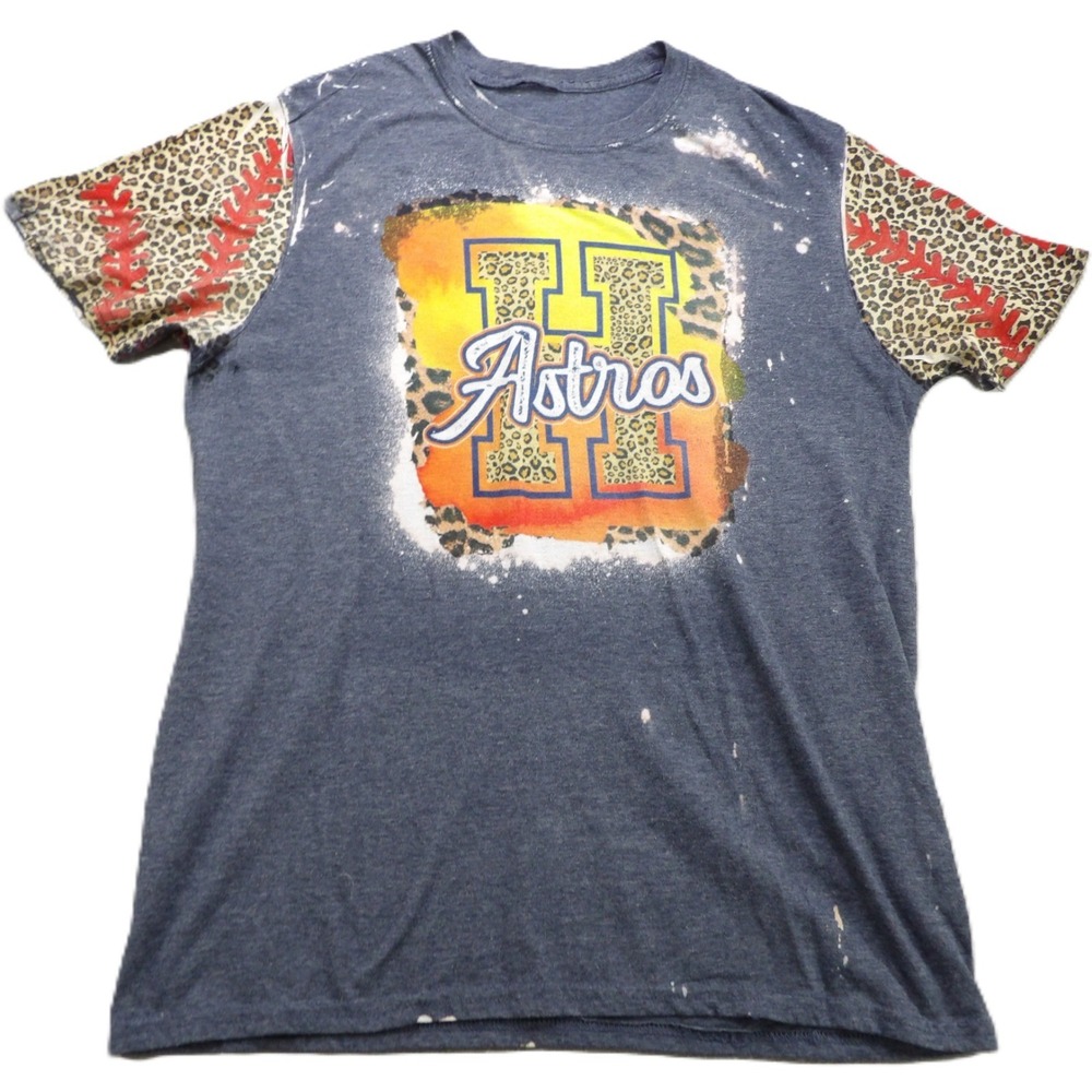 Astros Graphic Tee Leopard Baseball Cotton Shirt Women L Gray Bleach Distressed